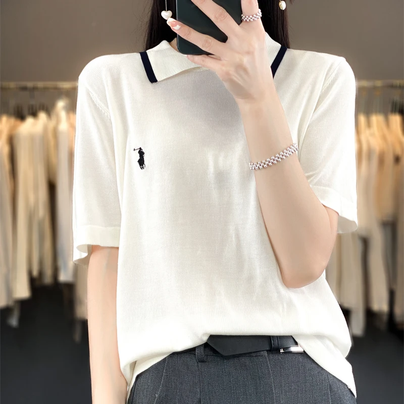 

Spring And Summer New Women's Short Sleeve POLO Neck Embroidery High End Tencel Fabric Lightweight Soft Fashion Pullover Top