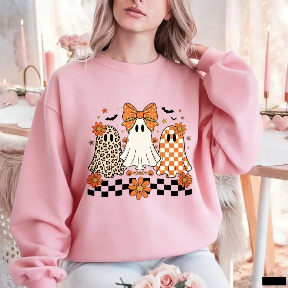 Retro Coquette Ghost Graphic Printed Crewneck Sweatshirt Hoody Checkered Bow Flower Bat Halloween Pullover Women Fall Casual Top