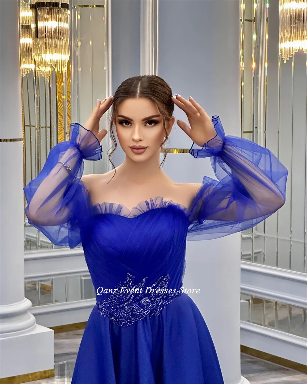 Qanz gaun malam elegan biru Royal gaun Puff tanpa tali Satin lengan panjang A Line Vestido De Noche untuk wanita 2023 baru