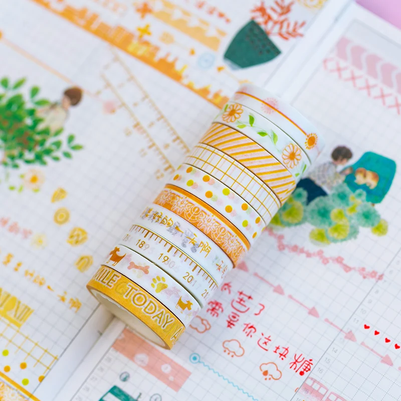 10pcs/lot Mohamm Leaves Foil Grid Floral Cute Paper Masking Washi Tape Set Japanese Stationery Scrapbooking Supplies