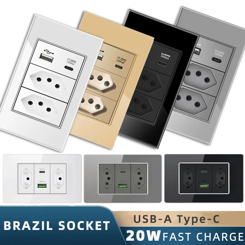 

USB smart type-c 20w fast charging wall outlet plug, Brazil power socket 10A AC110V-250V,BR electric plug usb wall socket