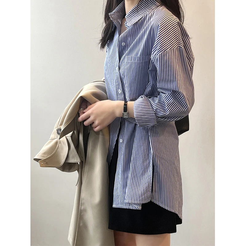 2024 Women Korean Fashion Striped Asymmetrical Split Shirts Office Lady Elegant Chic Casual Tunic Blouse Loose Long Sleeve Tops