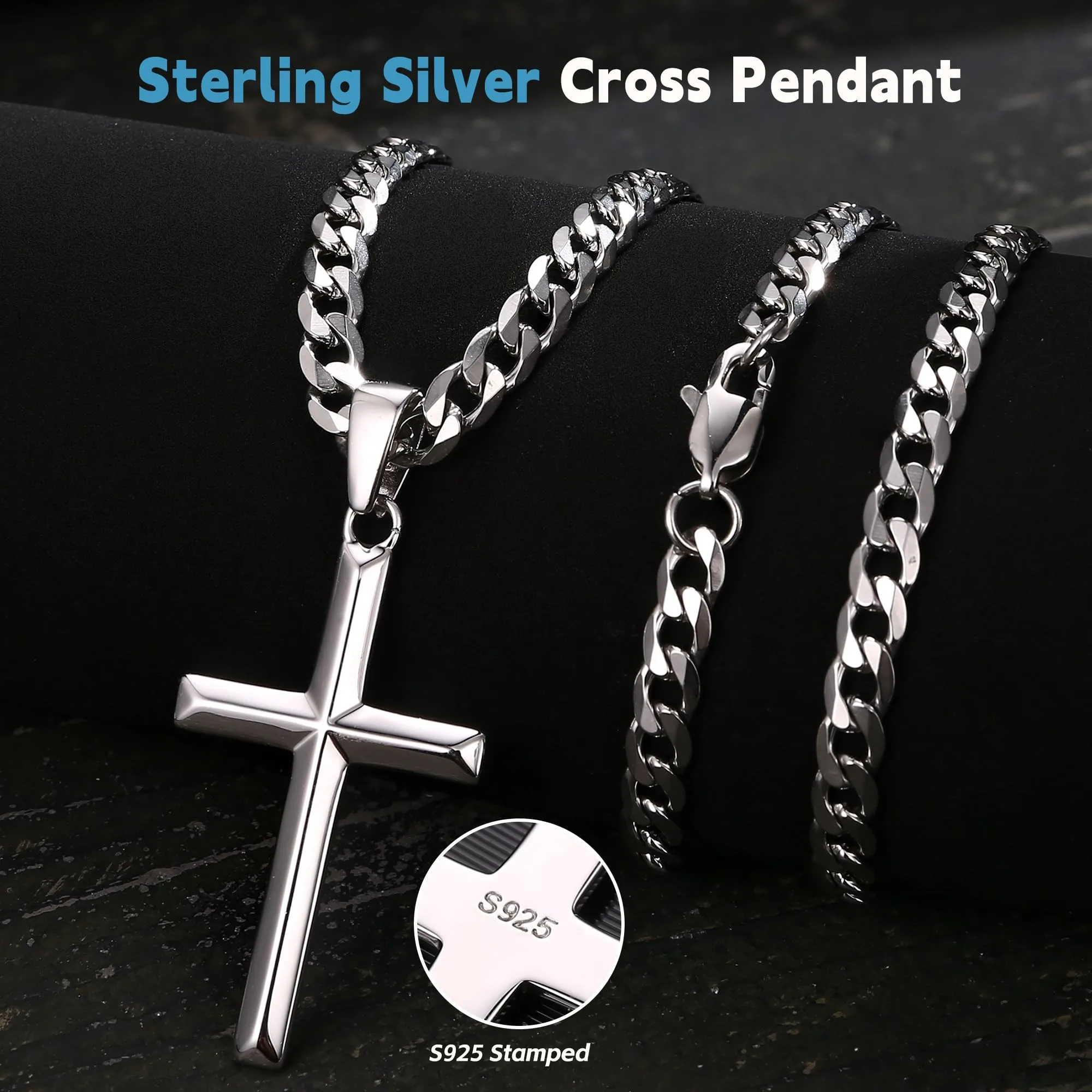 Fansilver 925 Sterling Silver Cross Necklace for Men Women Stainless Steel Durable Chain Silver Crucifix Cross Pendant 18-28In
