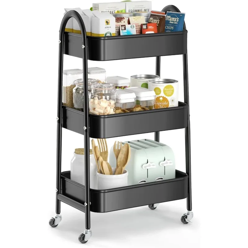 

3 Tier Utility Rolling Cart, Metal Storage Cart with Handle and Lockable Wheels, Multifunctional Storage