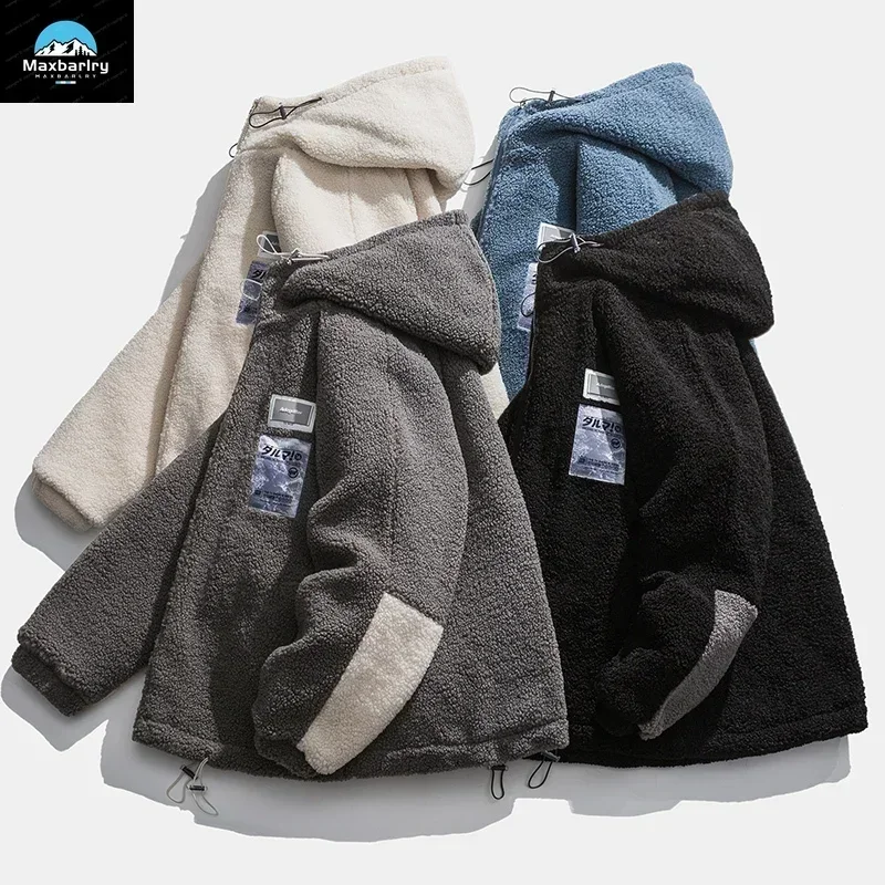 Men Winter Fleece Jacket Lamb Wool Hooded Coat Mens Thick Warm Coat Loose Japanese Streetwear Casual Harajuku Zippered Jacket