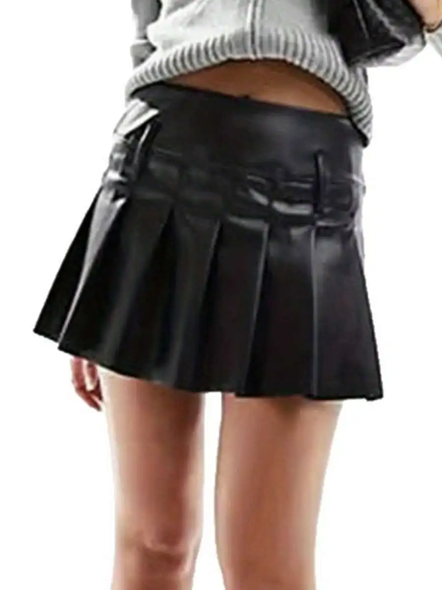 Słodka uczennica, spódnica plisowana ze skóry ekologicznej, damska spódnica do połowy łydki, styl Ci Walk, materiał PVC, detale haftowane.