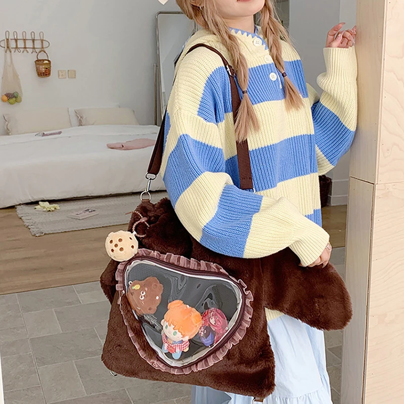 Ita Bag, Rucksack mit Klarsichtfenster, Damenmode-Plüsch-Umhängetasche mit Kordelzug, Leichte Schultasche mit großer Kapazität – Detail 19
