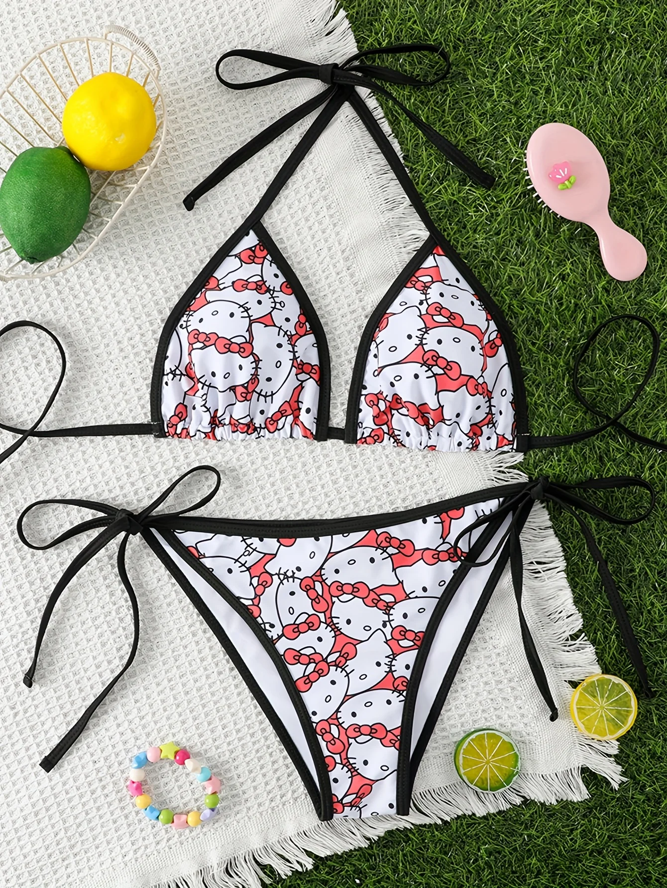 

2 шт./компл. Купальник HelloKitty розового цвета, милый мультяшный дизайн, бикини для девочек, с эффектом пуш-ап для небольшой груди, пляжный стиль для отпуска.