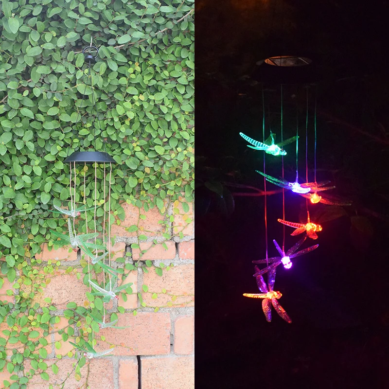 Amaznon solar wind chime lamp Dragonfly color changing LED hanging lamp outdoor rainproof decorative lamp wind lamp