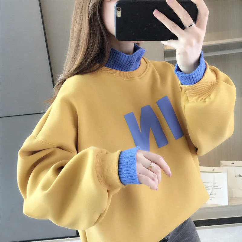 New Winter Fashion Process Plush Thickened Half High Neck Loose Versatile Splice Fake Two Piece Casual Lazy Women\'s Sweater