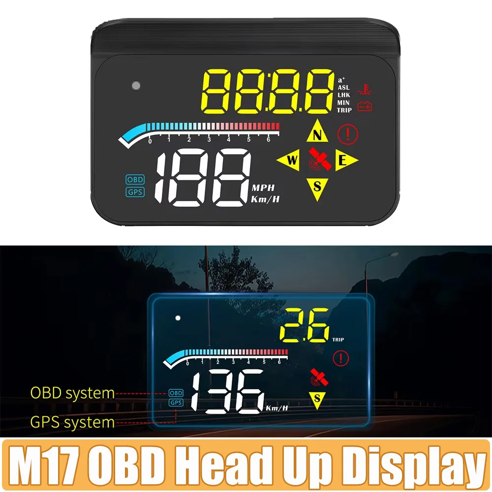 

Автомобильный проекционный дисплей M17 OBD+GPS HUD: высотомер, спидометр, температура воды, напряжение, с функцией оповещения о превышении скорости и напоминания о усталости за рулем.