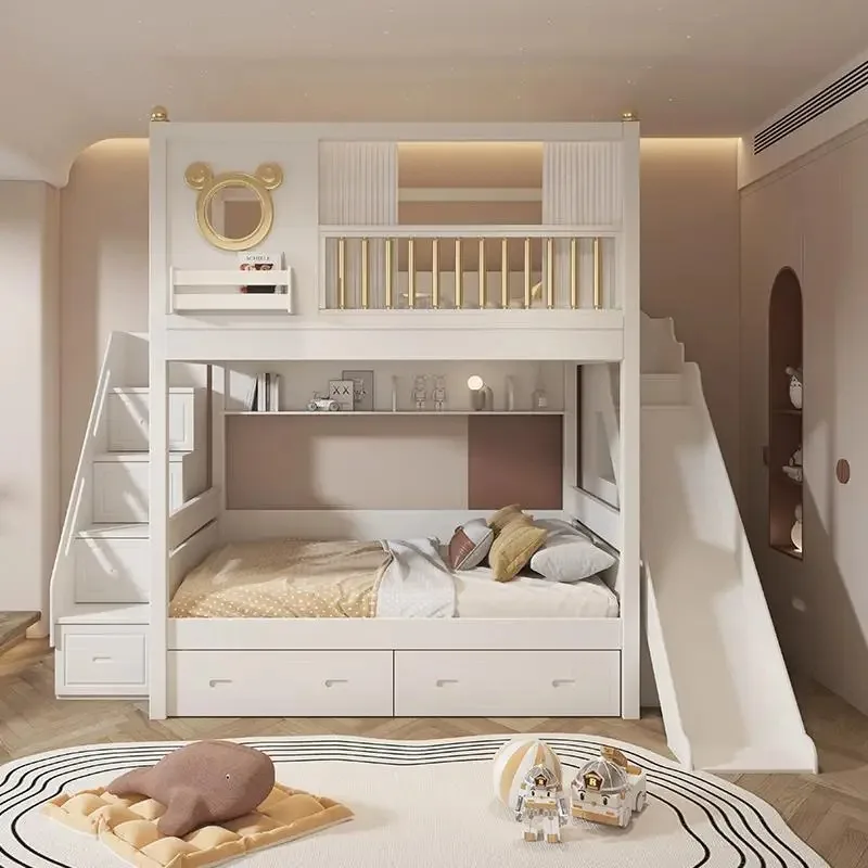 

Modern Comfortable Wood Bunk Bed Double Top High-Low Elevated Design Same Width for Boys Girls for Mother-Child Living Room