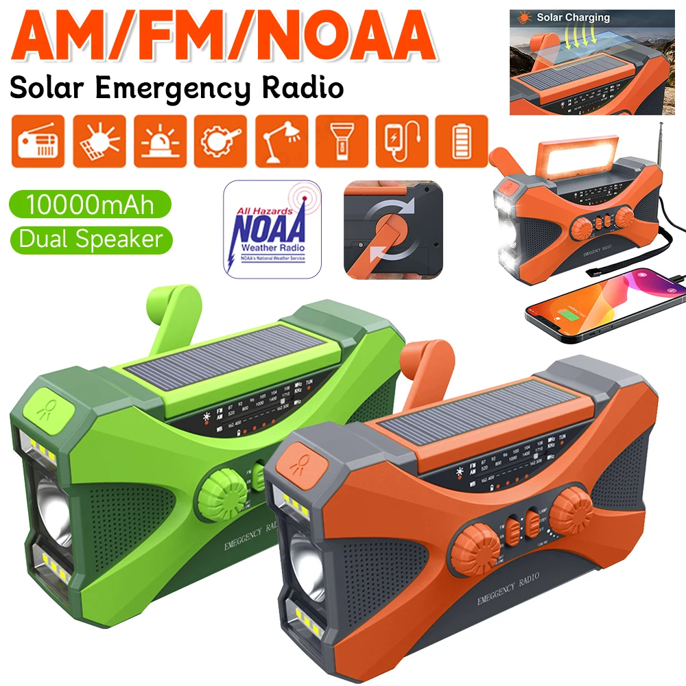 

10000mAh Hand Crank USB Charging Radio Emergency SOS Alarm LED Flashlight Torch Power FM AM WB NOAA Weather Radio for Outdoor