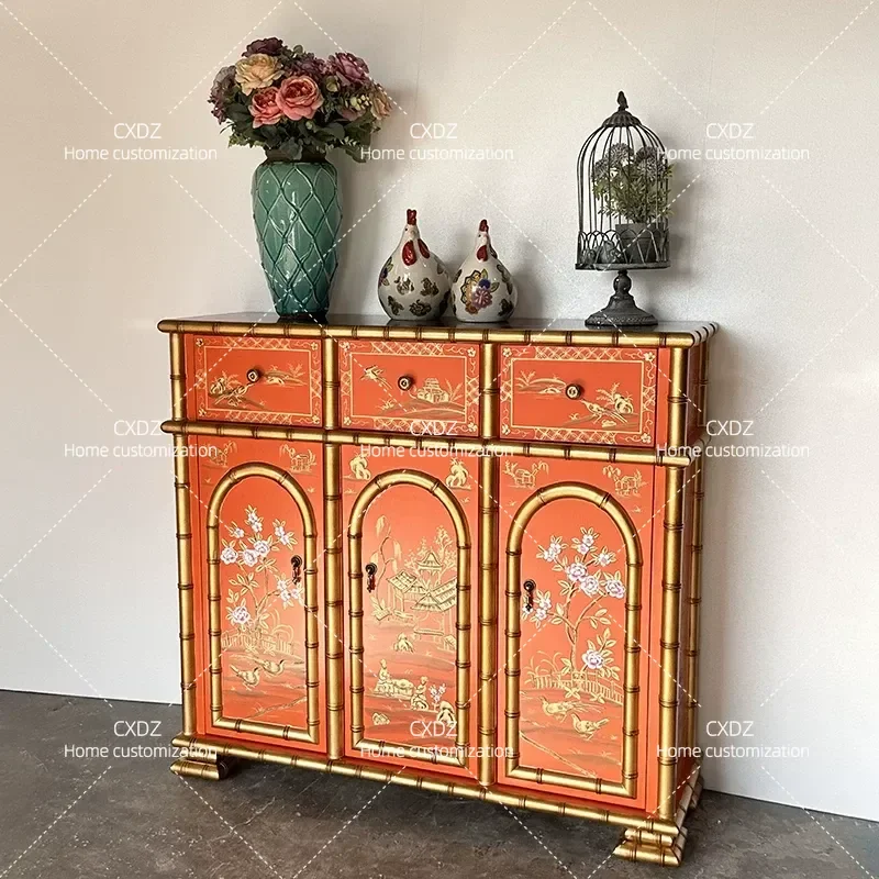 Retro Dining Side Cabinet Living Room Porch Storage Unit Villa Decor Partition Shoe Rack Painted Finish European Style