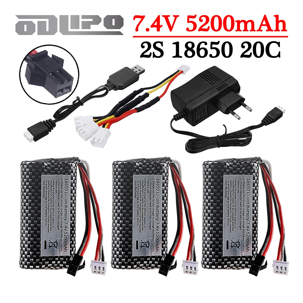 

18650 7,4 В, 5200 мАч, литий-ионный аккумулятор с зарядным устройством для WPL MN99S D90 U12A S033g Q1 H101 Радиоуправляемые игрушки, автомобили, лодки, автомобили, дроны, аксессуары