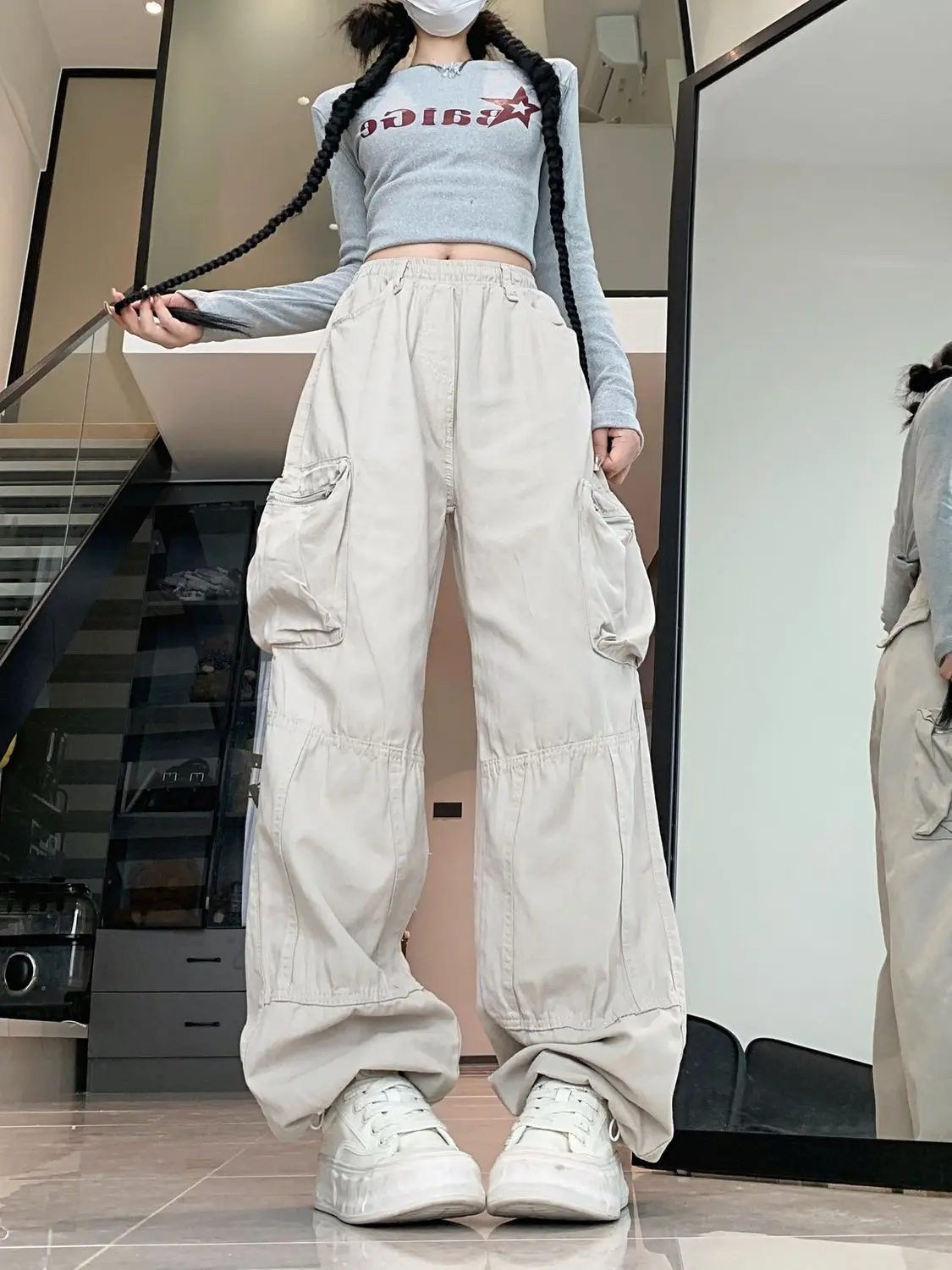 Salopette casual americana tascabile retrò Pantaloni larghi in denim a gamba larga Pantaloni larghi da donna