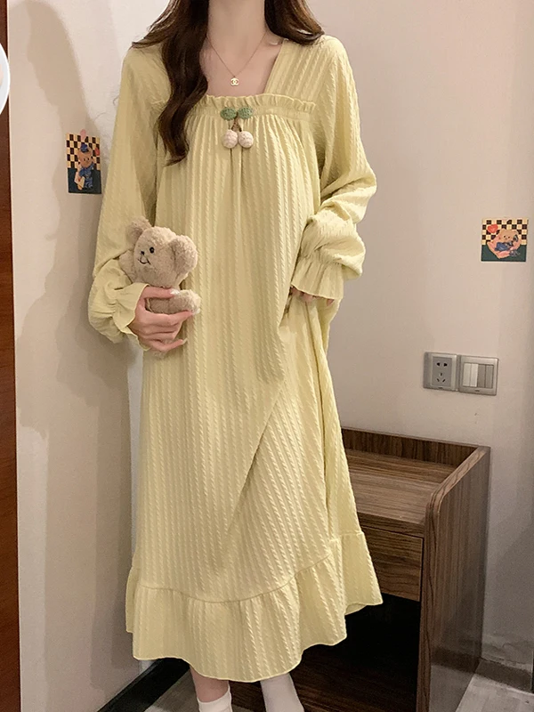 Princess Style Long Sleeve Sleepwear Women's Cotton Loose Maternity Home Clothes with Chest Pad Autumn Spring plus Size