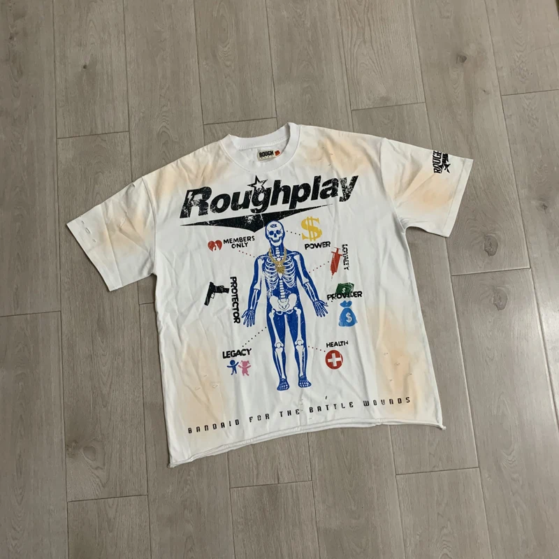 American Streetwear Washed Do Old Vintage Hole Roughplay T-shirt Human Skeleton Structure Print High Quality Popular Tee Tops