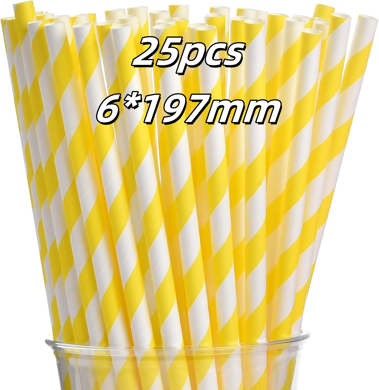 

25pcs Yellow Stripes Paper Straws, Biodegradable Disposable Drinking Straws for Christmas, Brithday, New Year, Party Decoration