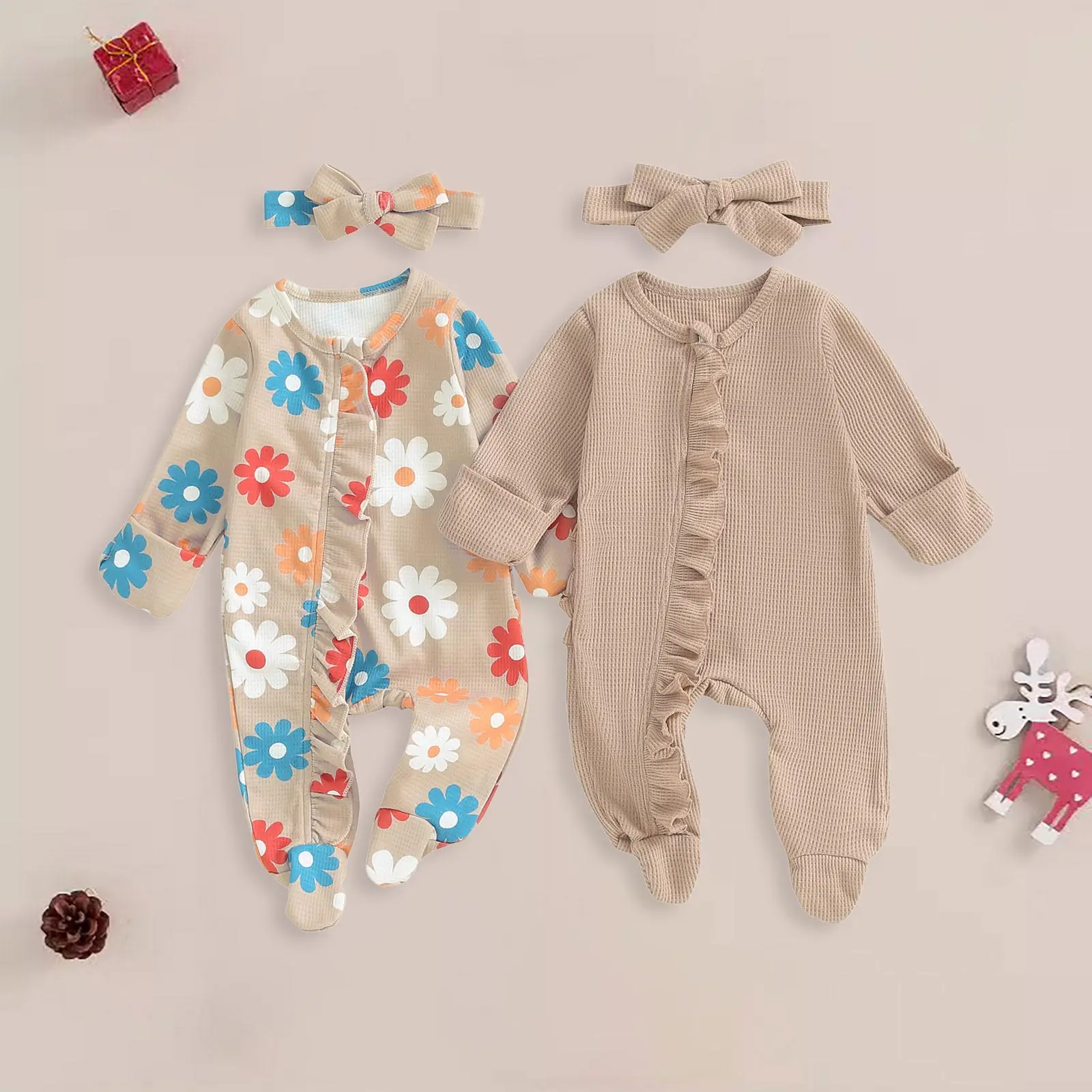 

Long Sleeve Romper For Baby Girl Footies Newborn Zipper Sleeper 2 Pack Ruffle Pajamas Rompers Daily Printed Outfits Kids Clothes