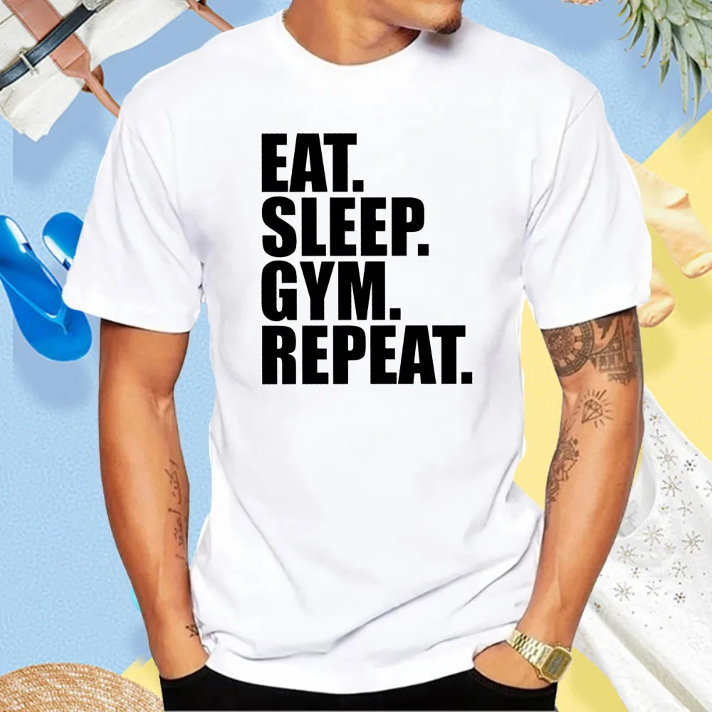 Eat Sleep Gym Repeat T-Shirt Fitness WorkOut Bodybuilding Weightlifting Deep Squat T Shirt Summer Cotton Short Sleeve Tshirt