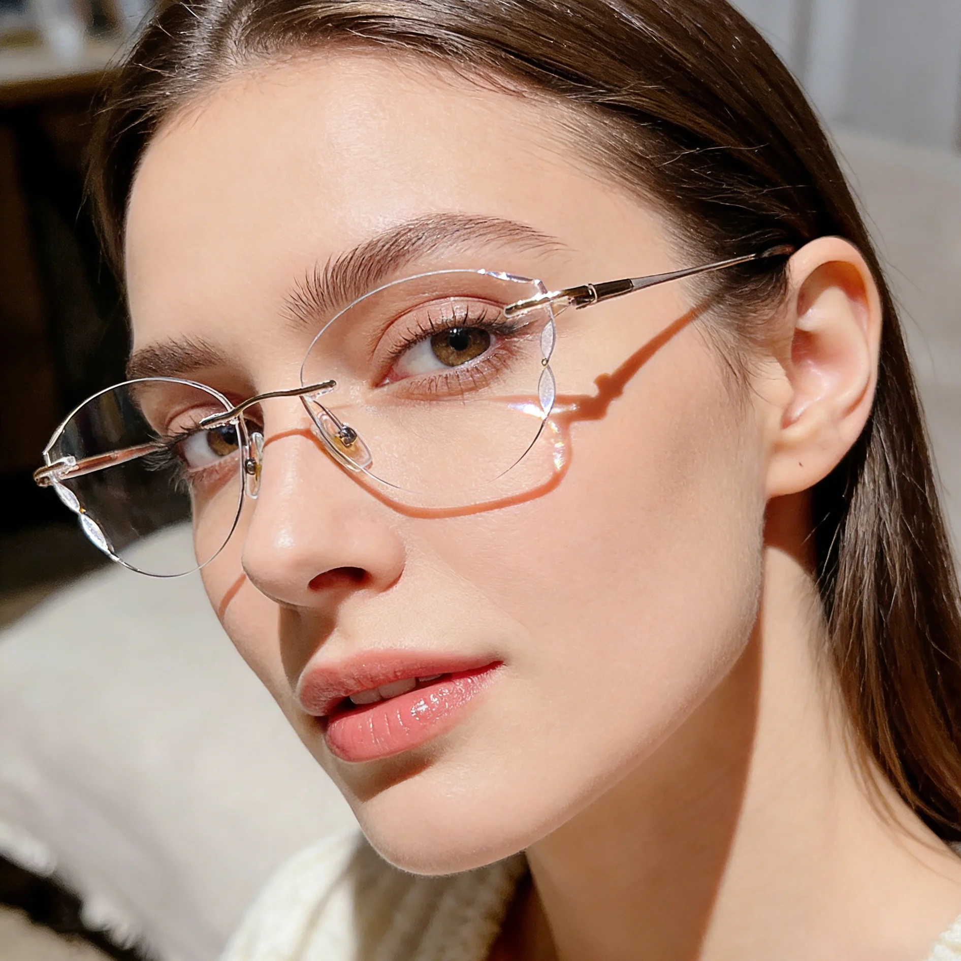 Diamond Trimmed Rimless Glasses Pure Titanium Women Prescription Recipe Lenses Myopia Progressive Eyewear UV Anti Reflection - view 2