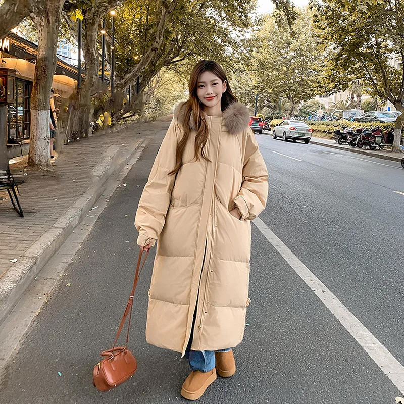 Women Long Parkas Coat Hooded Oversize Jacket Solid Zipper Fur Collar Full Sleeve Loose Fit Thick Casual Office Lady Winter 2025