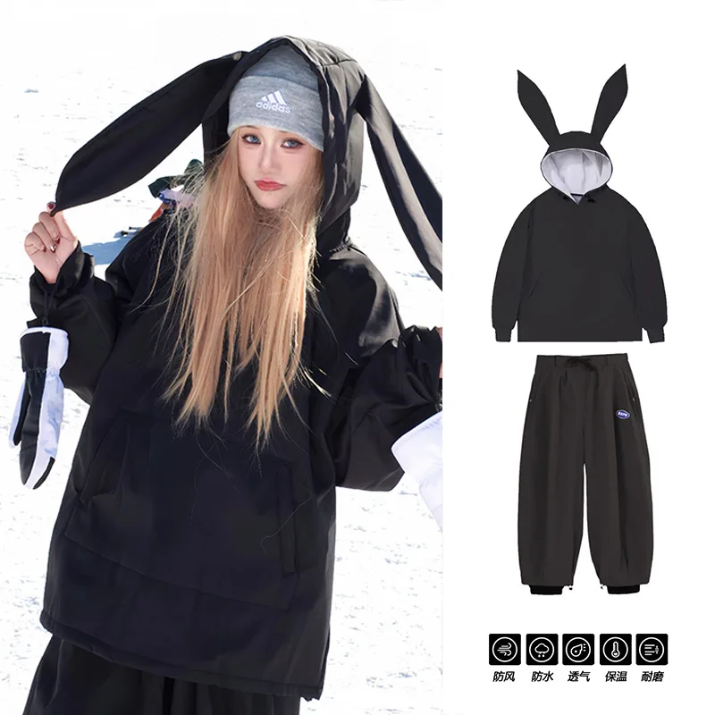 Ski Suit Cute Rabbit Ears Men and Women's Single Board Waterproof Thickened Multicolor Ski Suit Pants Equipment Ropa Para Mujer