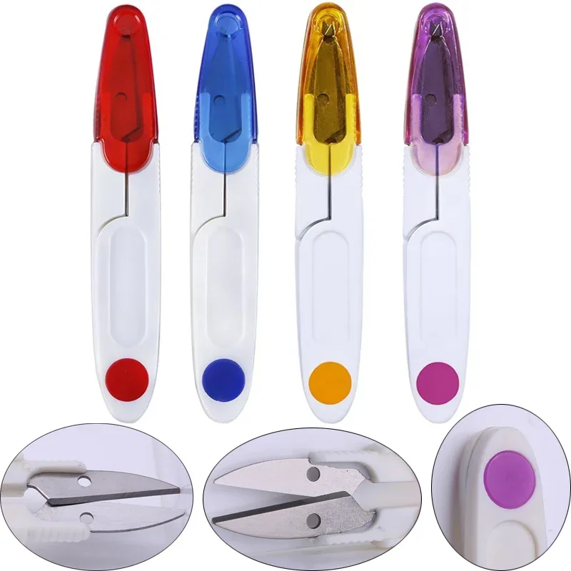 1PC Stainless Steel U-Shape Spring Thread Scissor with Protective Cap - Sharp for Cross Stitch, Embroidery, Fishing Line, Yarn