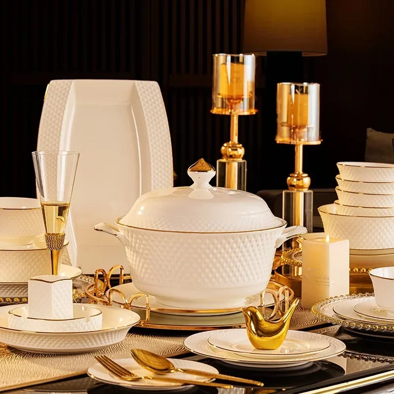 Jingdezhen Hotel Tableware Light Luxury Ceramic Bowls And Chopsticks Set Housewarming New Home Embossed Bowls And PlatesX9