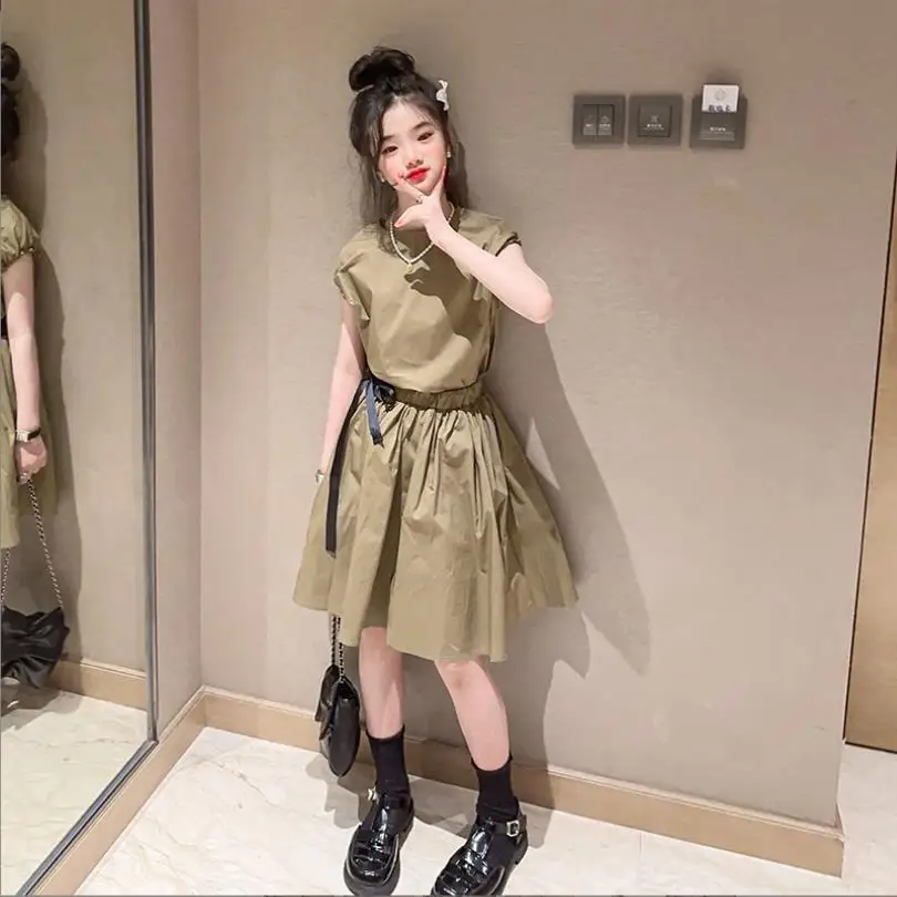 Girl Short Sleeve Shirts + Skirts 2pcs Sets Summer New Khaki Cotton Clothes Children Loose Casual Clothes Teenage Ssuits Wz1167