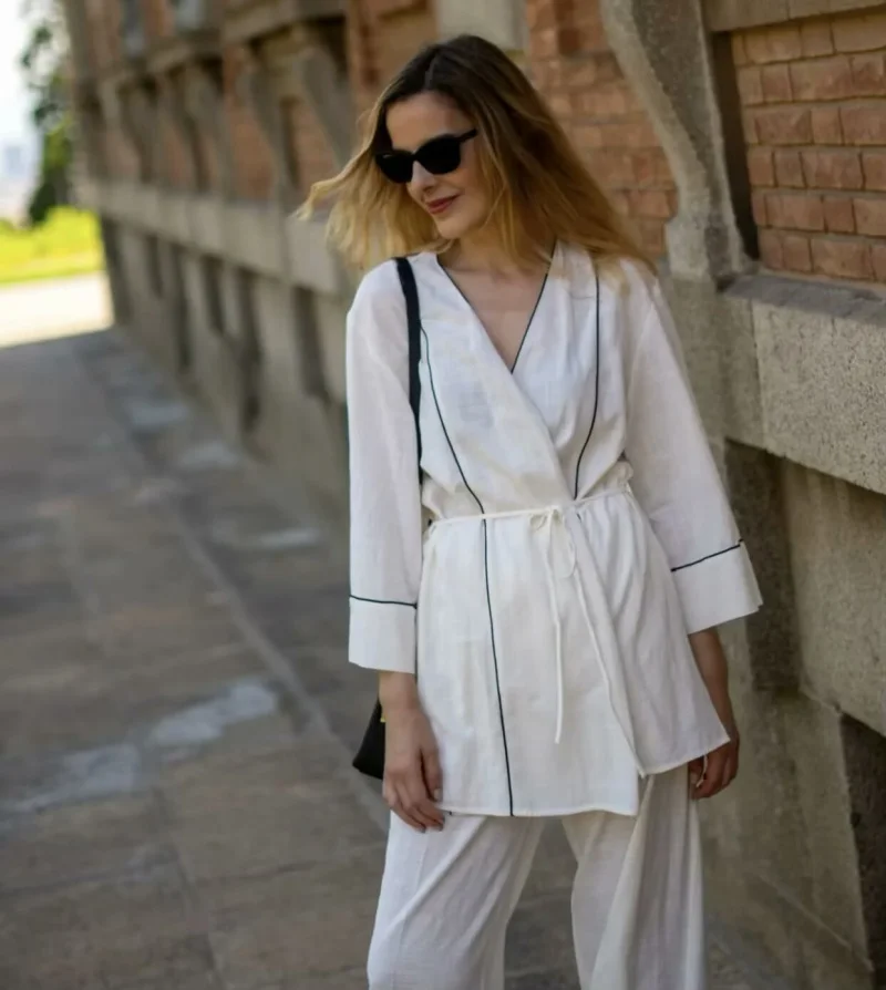 2025 chaqueta de falda doble de manga larga con diseño asimétrico y borde de color choque estilo festivo informal para mujer y pantalones sueltos de pierna ancha