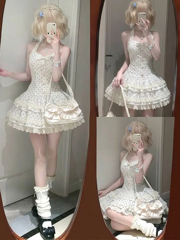 

Japanese Sweet Lolita Kawaii Elegant Dress Women Polka Dots Design Birthday Party Dress Female Lace Chic Korean Popular Clothes