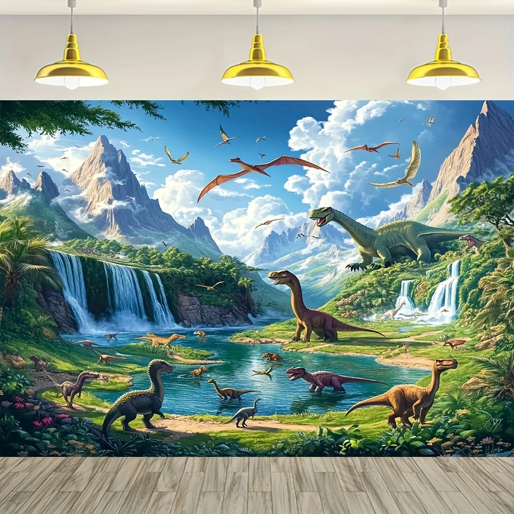 Dinosaur World With Waterfalls Mountains And Various Dinosaurs Wall Mural For Kids Room Decor