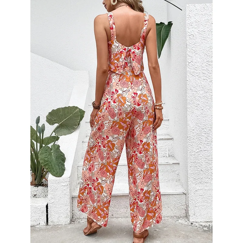 أنيقة طويلة بذلة المرأة مثير عارية الذراعين واسعة الساق حللا عادية أكمام الأزهار السروال القصير ملابس الصيف للمرأة 2024 جديد