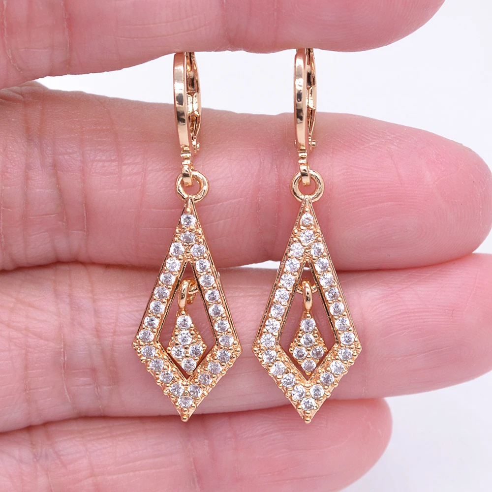 Fashion Gold Color Clear Zircon CZ Hollow Out Lozenge Dangle Earrings for Women