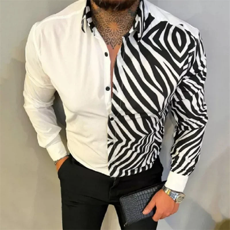 Camisa hawaiana de manga larga para hombre, camisa de playa social de alta gama con forro, Camisa estampada en 3D, color blanco y negro, 2024