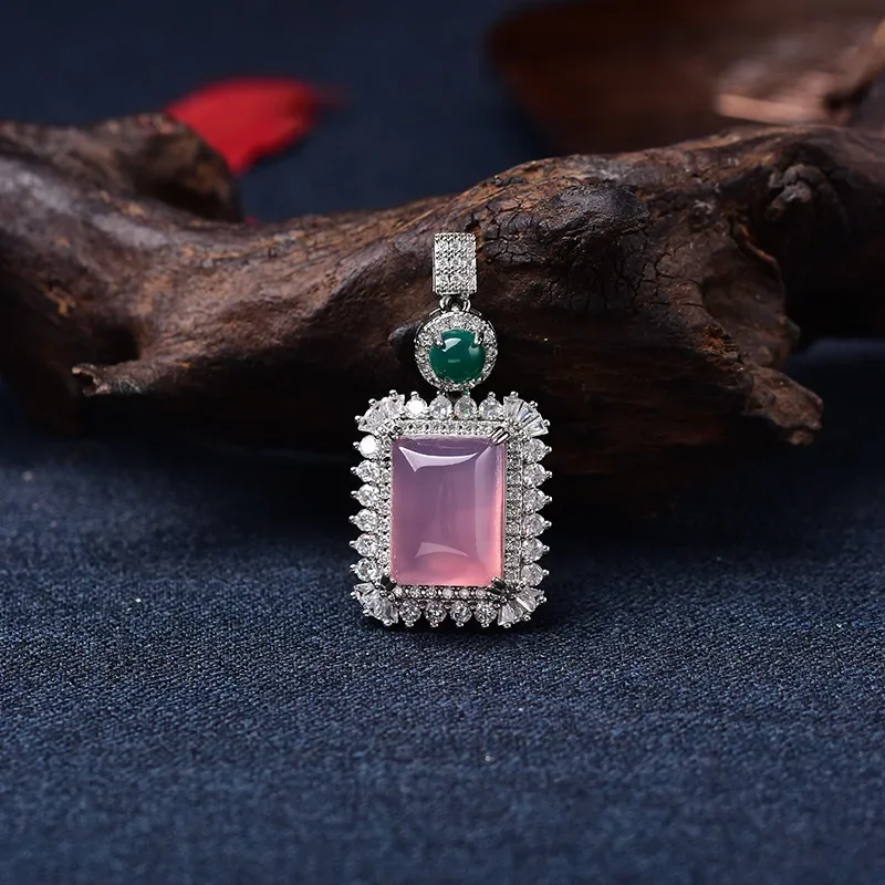 

Natural Pink Chalcedony Hand Carved Square Pendant Fashion Exquisite Jewelry Women's Necklace Gift Accessories