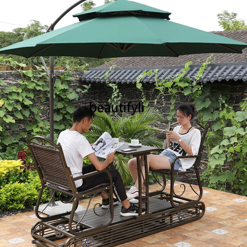 CXH Rattan Chair Outdoor Balcony Glider Double Swing Courtyard Garden Power Rocking Chair