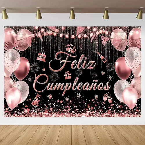 Tema de cumpleaños español Feliz cumpleaños Rosa oro brillante globo rosa fiesta Deco bebé bautismo fondo de celebración de adultos