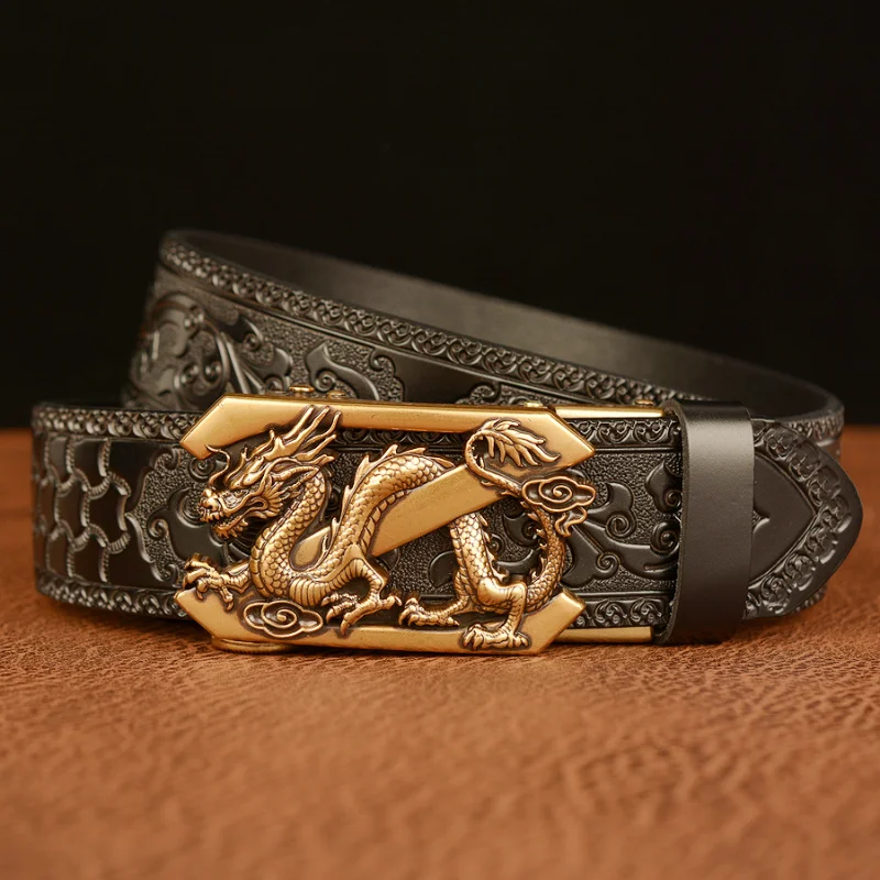 New Arrivel Embossing Retro Technology Belts for Men Genuine Cowhide Leather Belt with Dragon Pattern Automatic Buckle