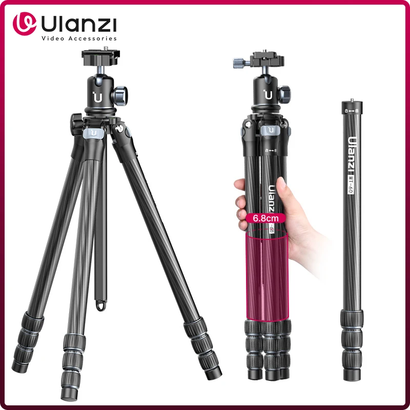 Ulanzi MT-60 Lightweight Portable Carbon Fiber Travel Tripod High to 1.62M with Monopod 360° Panoramic Ballhead for DSLR Camera