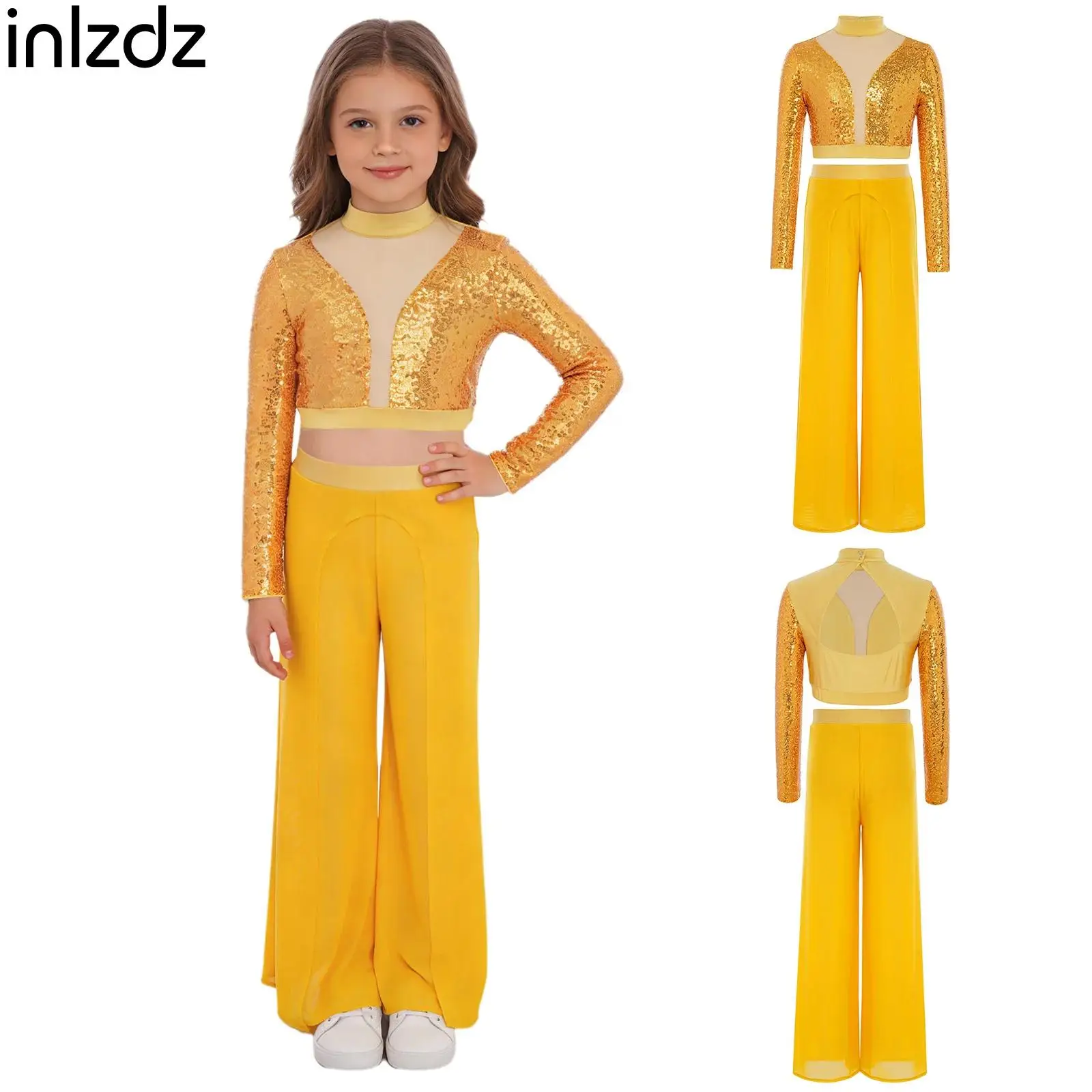 

Kids Girls Lyrical Dance Costume Long Sleeve Cutout Back Sequins Crop Top with Wide-Leg Mesh Pants for Performance Competition