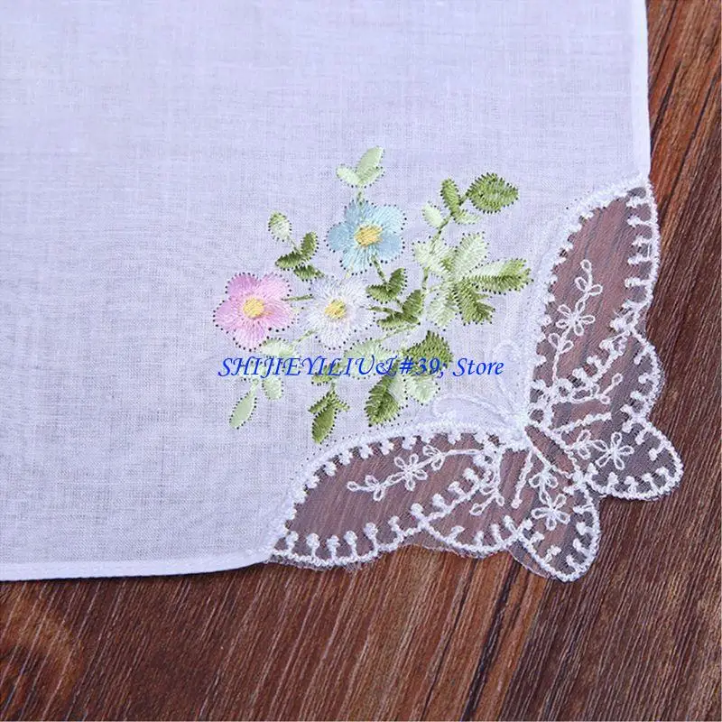 E21F 5Pcs/Set 11x11 Inch Womens Cotton Square Handkerchiefs Floral Embroidered with for Butterfly Lace Corner Pocket Hanky