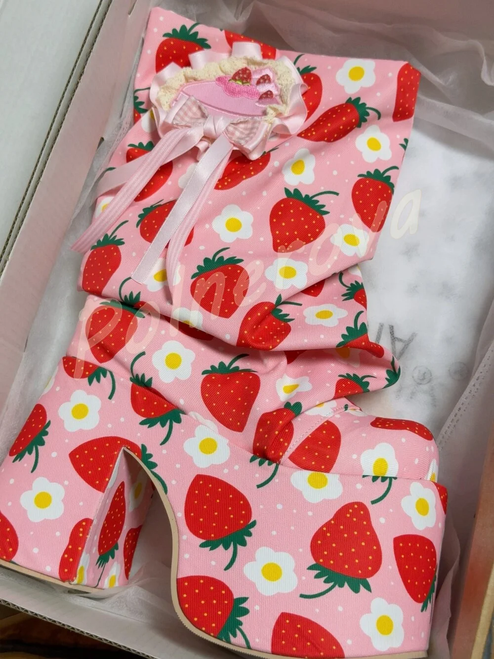 Sweet Strawberry Print Platform Boots Block Heel Lace Ruffle Bow Decor Slouch Mid Calf Boots Lovely Lolita Party Women Shoes