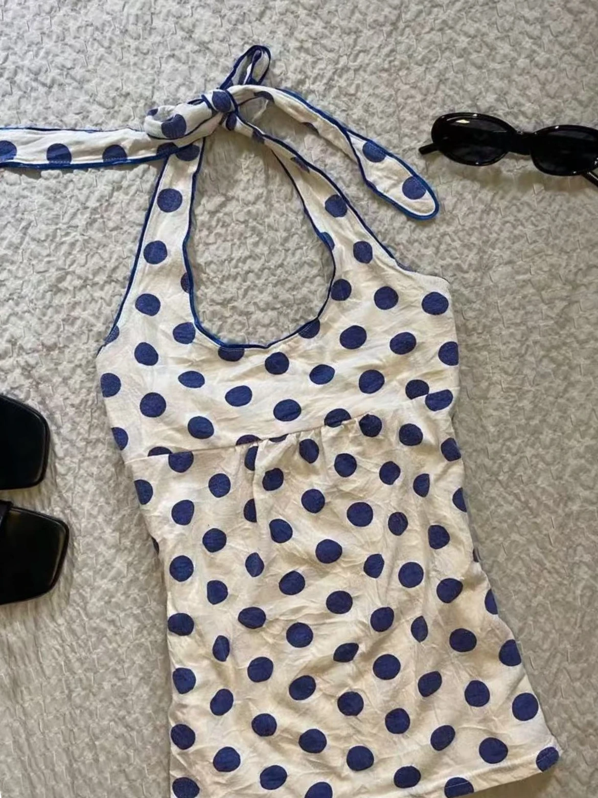 Women Retro Y2K Summer Halter Tank Top Blue Polka Dot Print Tie‑Up Neck Gathered Bust Sleeveless  Streetwear Party Cami Tops