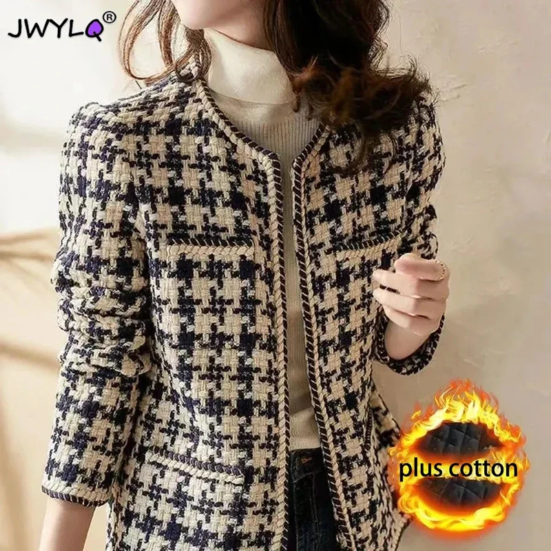 

Vintage Houndstooth Tweed Blended Jackets For Women 2024 Jacket Short Coat Korean Fashion Long Sleeve Winter Thickening Clothes