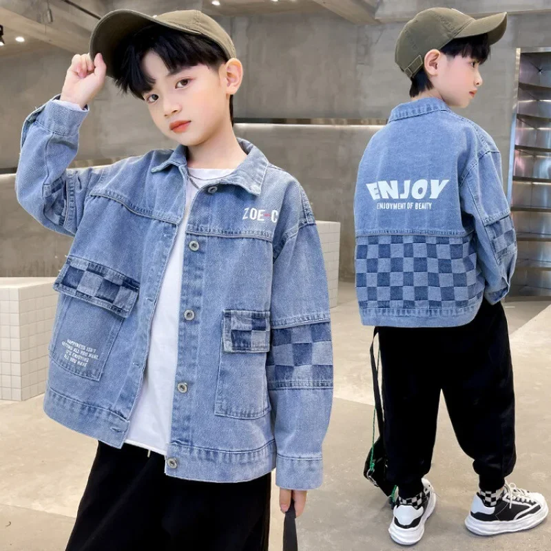 Boys Denim Coat For Kids Grid Printed Children Outerwear Spring Autumn Teenagers Warm Jacket Baby Sports Clothing