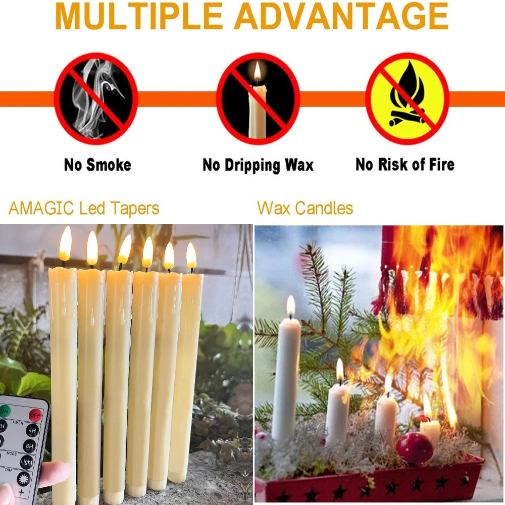 Flameless Flickering Taper Candles With/Without Remote Control Timer Dimmer Battery Operated Candlesticks for Christmas Wedding