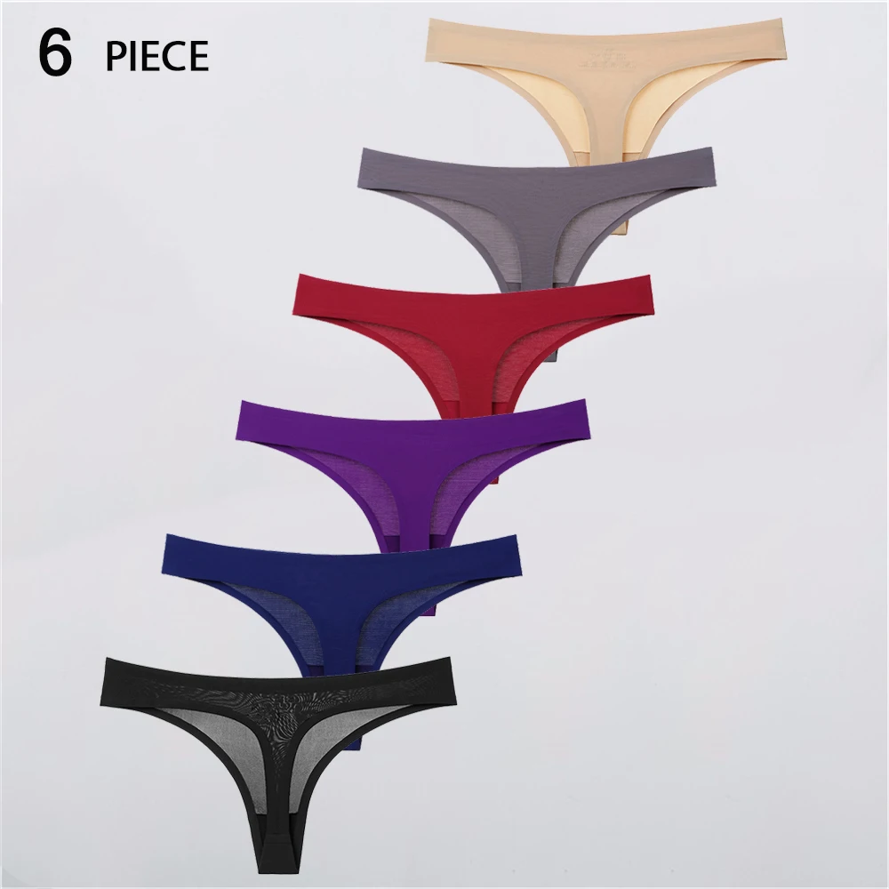 

6-Pack Sexy Ice Silk G-String Thong Panties Seamless Cotton Underwear Briefs for Women Girls Ladies Lingerie